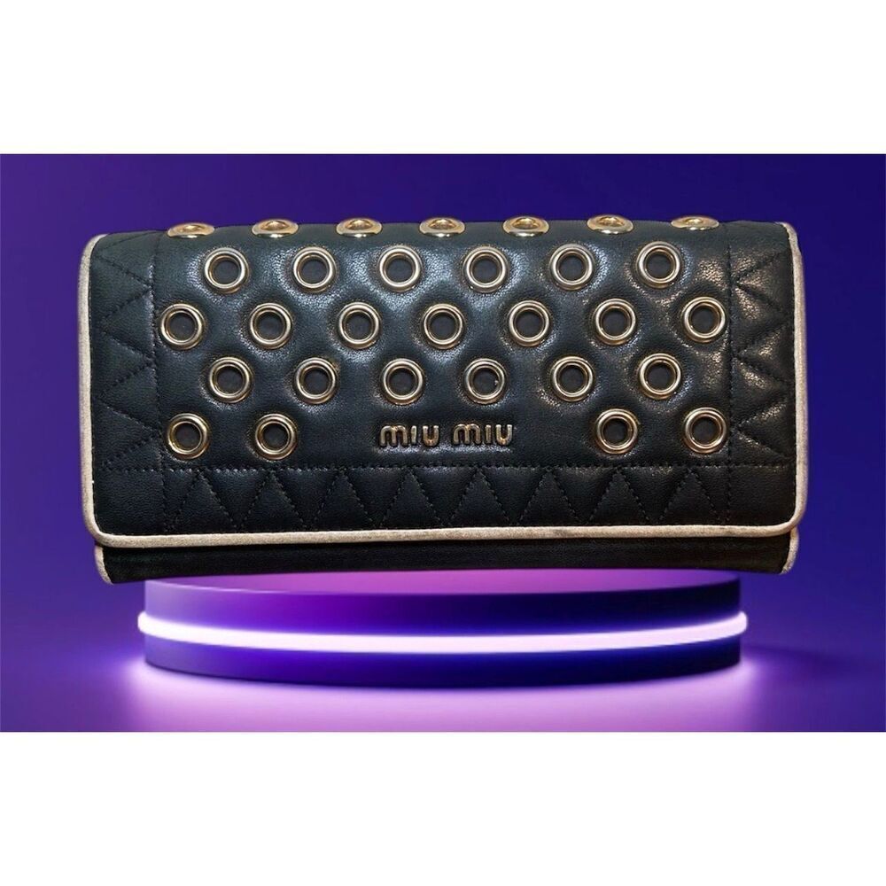 Miu Miu Leather Long Wallet Deep Navy Gold Grommet Studded Edgy Biker Alt Grunge